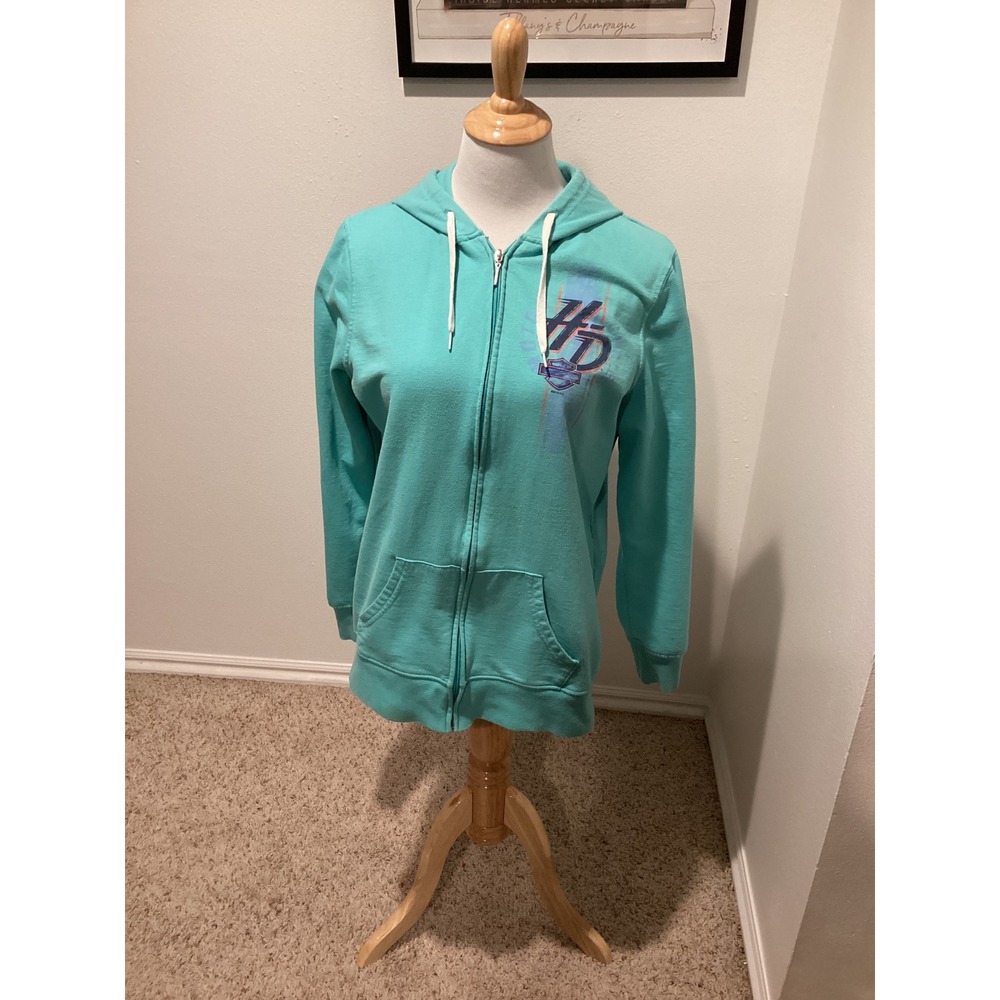 Harley Davidson Womens Turquoise Zip Up Hoodie Spokane WA Graphic Print Size XL